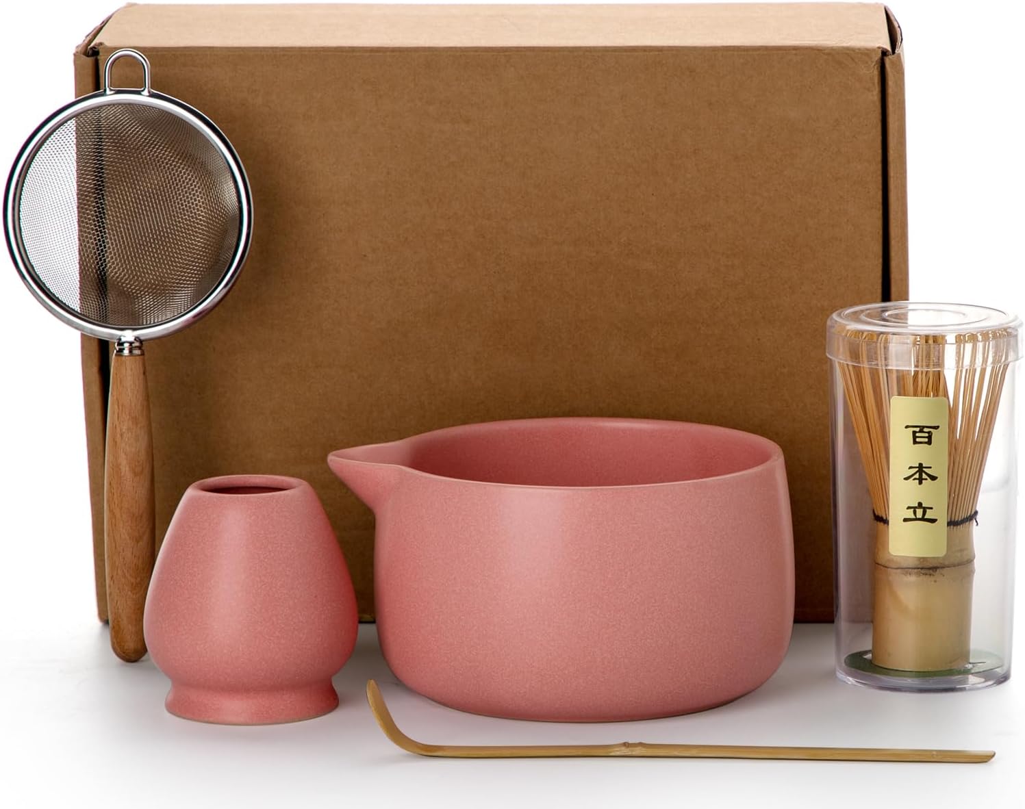 20OZ Matcha Whisk Set - 5PCS Matcha Set Includes Macha Bowl with Spout, Bamboo Whisk with Ceramic Holder, Bamboo Scoop and Sifter, Matcha Kit for Ceremony, Gift for Matcha Lovers (Blush Pink)