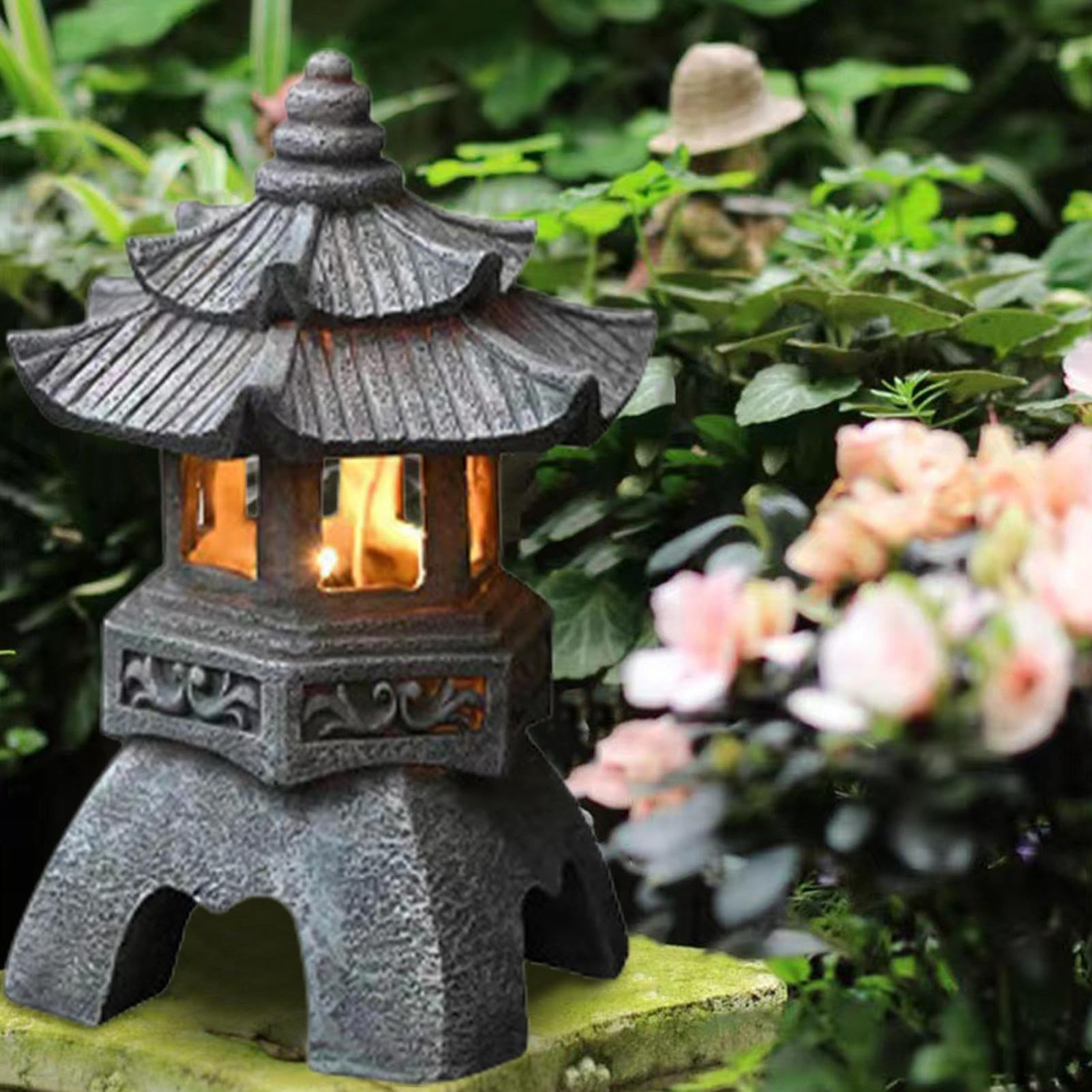 Linterna de Pagoda Estatua Jardín Pagoda Japonesa Piedra Linterna Japonesa Jardín Al Aire Libre Lámparas Solares Decorativas Para Decoraciones Patio