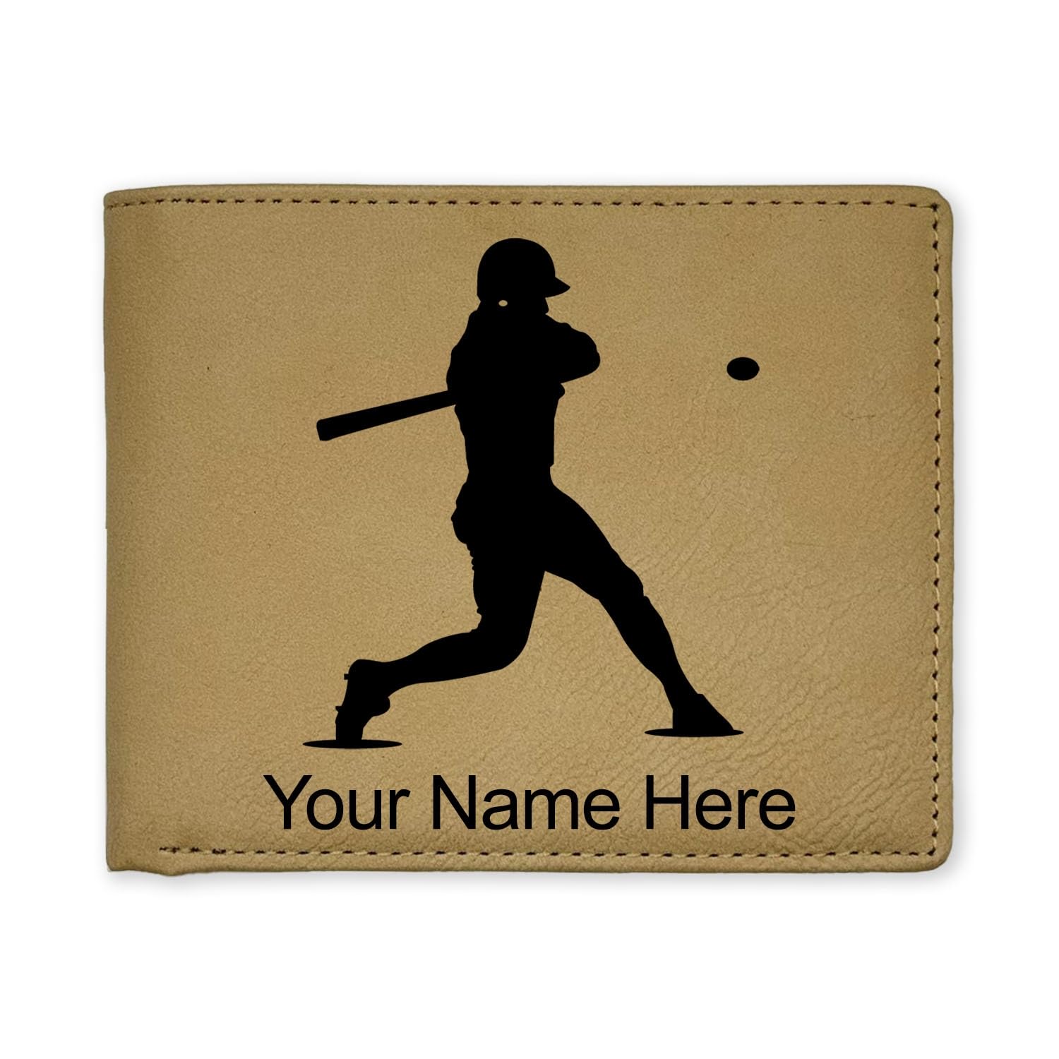 LaserGram Faux Leather Bi-Fold Wallet, Baseball Player 3, Personalized Engraving Included (Beige)