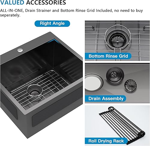 Miniatura 14 de Fregadero de lavandería de 25 x 22 pulgadas, montaje superior, acero inoxidable T304, calibre 16, 12 pulgadas de profundidad, fregadero individual