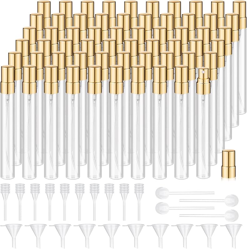 Domensi Frasco de Perfume Recarregável de Vidro com Névoa Fina, 10 mL, Transparente e Dourado, Pacote com 60