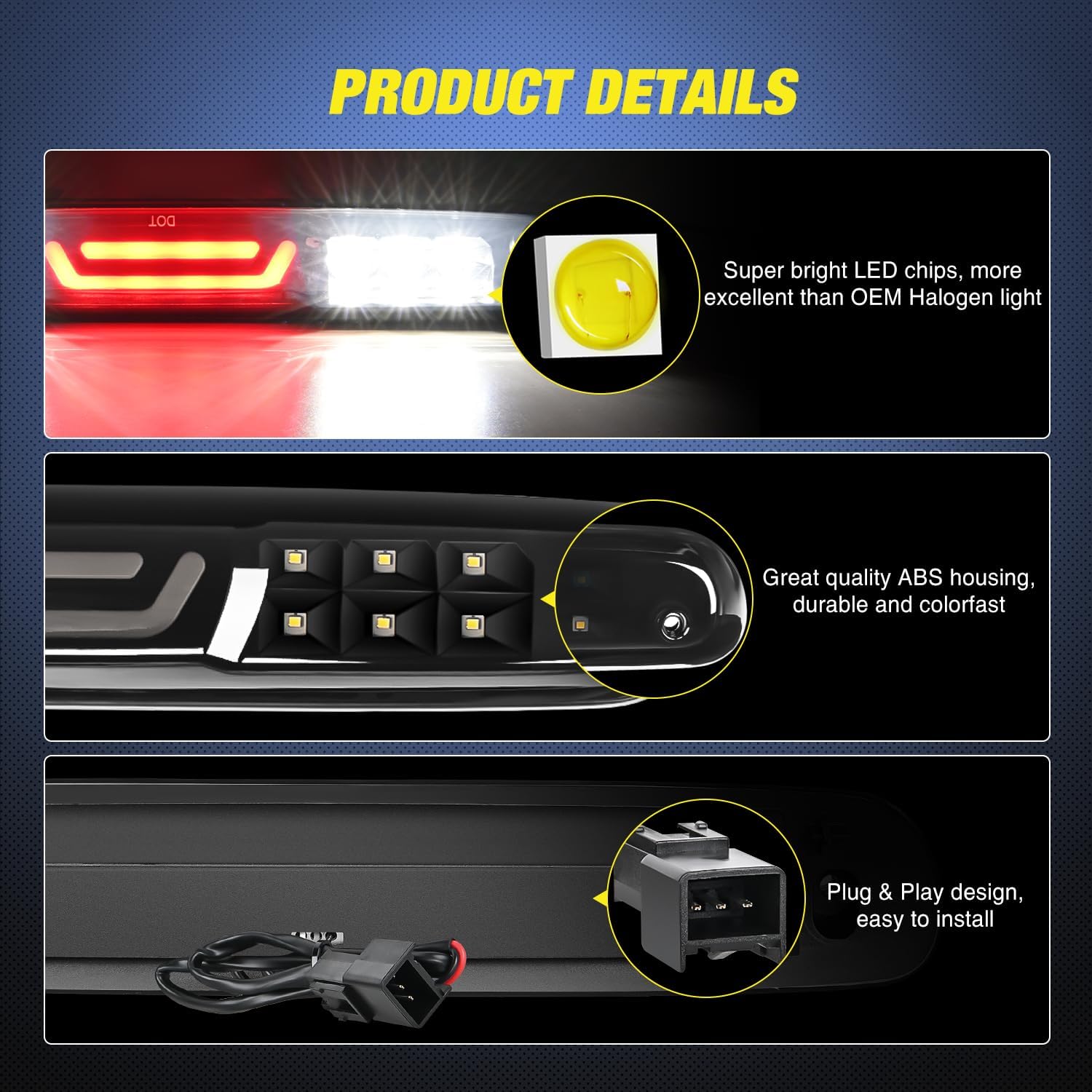 Nilight Third Brake Light High Mount 3rd Stop Reverse Cargo LED Lighting for Chevy Silverado GMC Sierra 1500 2500 3500HD 2007-2013 Pickup Truck Rear Cab Center Tail Lights
