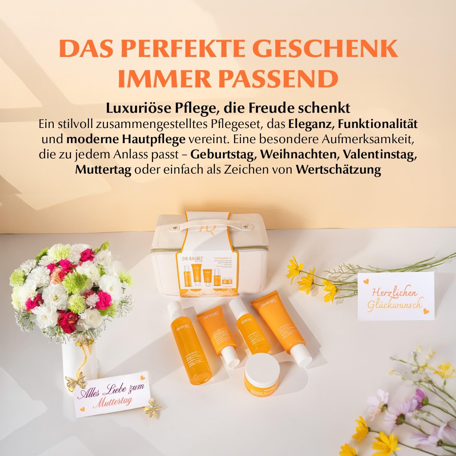 Vitamin C Gesichtspflege Set 5-teilig - Anti-Falten Hautpflege mit Serum, Tagescreme, Nachtcreme, Reinigungsgel, Toner + SPF 50 Sonnenschutz - Anti-Aging, Hautpflege, Skincare Set, Geschenkset Damen