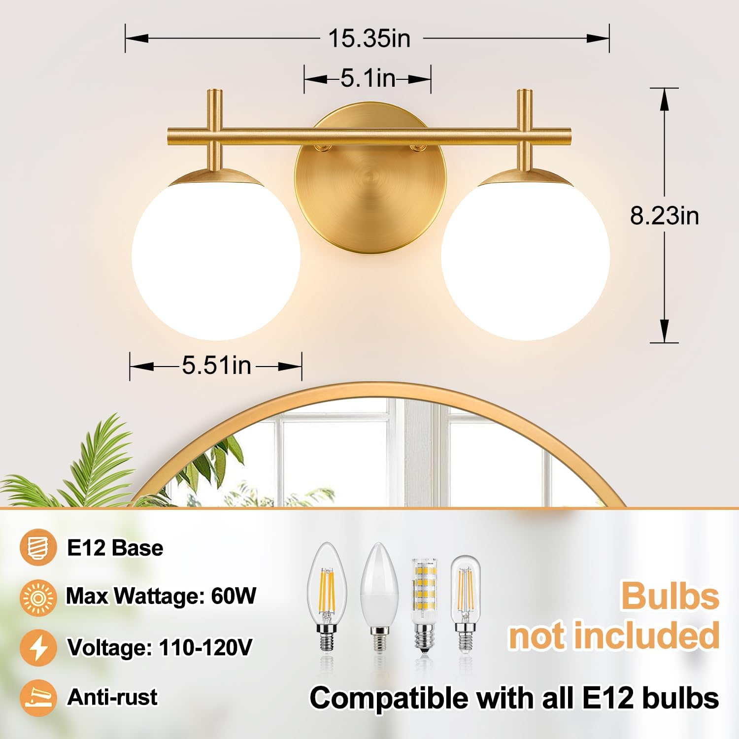 MOKATNG 2-Light Bathroom Light Fixtures, Brushed Gold Vanity Lights for Bathroom with Milky White Glass Shade, Bathroom Lighting Fixtures Over Mirror, Wall Sconce for Bedroom (Bulb Not Included)