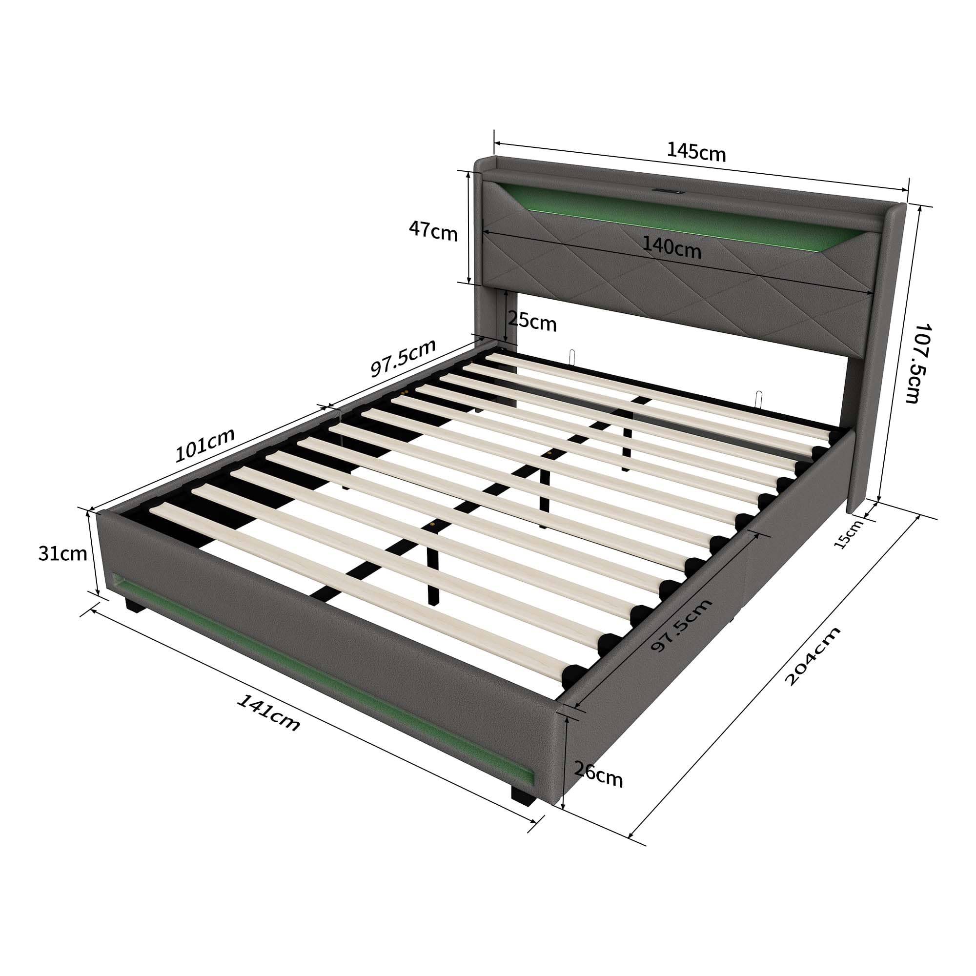 Łóżko bagażowe 140 x 200 z hydraulicznym schowkiem, rama łóżka z diodami LED i USB, podwójne łóżko z listwami dla dorosłych i młodzieży, szary len (bez materaca)