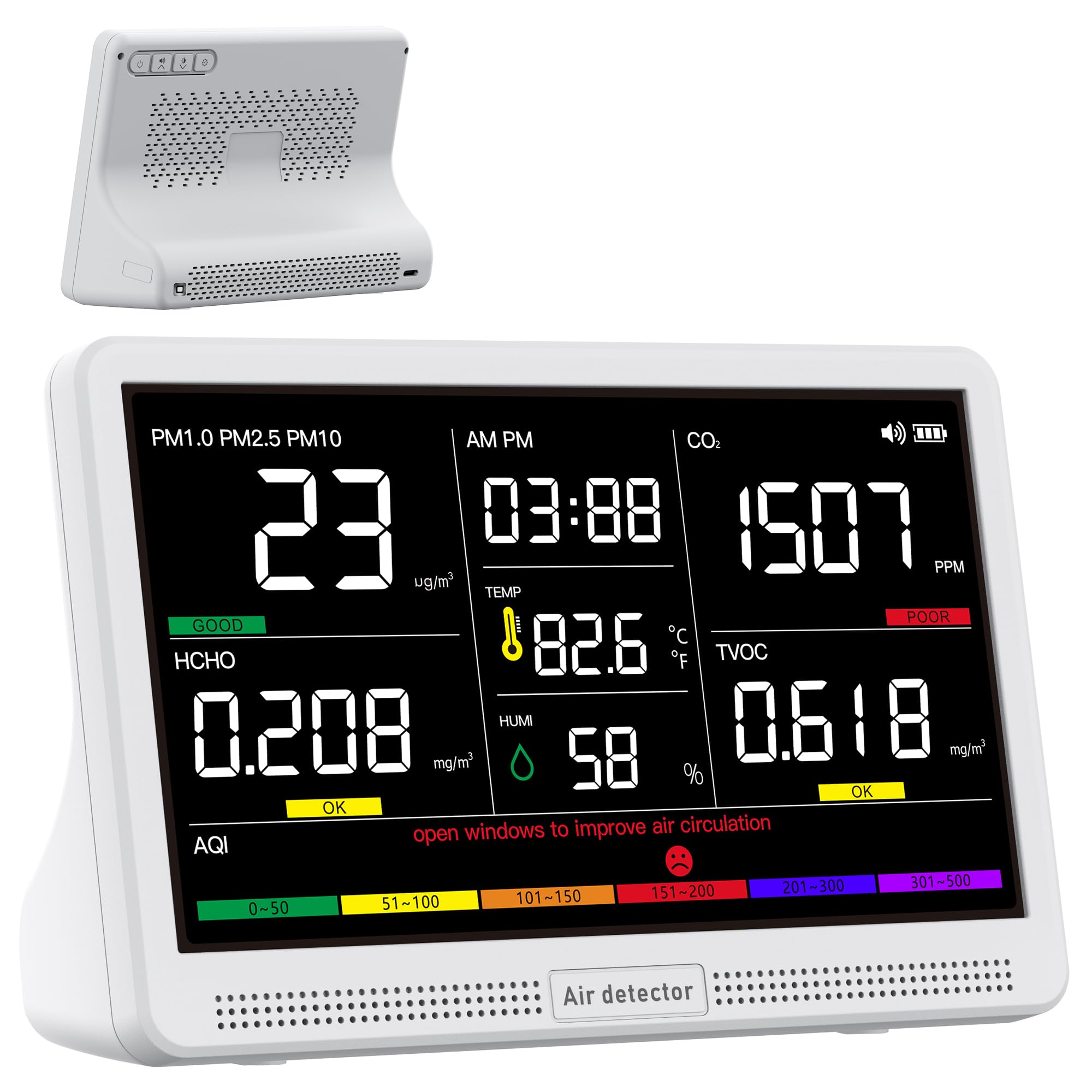 bonoch 16 en 1 Appareil de Mesure de la Qualité de l'Air Écran 7" – 9 Paramètres AQI + 7 Alertes – Détecteur de COV, CO2, PM2.5 PM1.0 PM10, HCHO (Air Quality Monitor) Température, Humidité, AQI, Heure