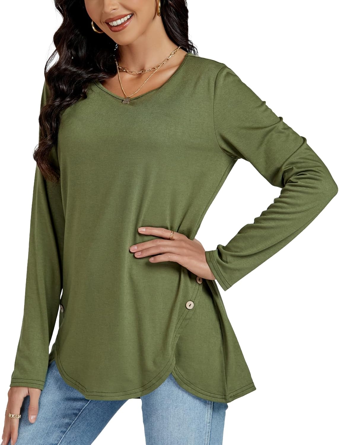 Rooscier Women's V Neck Long Sleeve Wrap Hem Button Casual Blouse Tunic Top - Image 3
