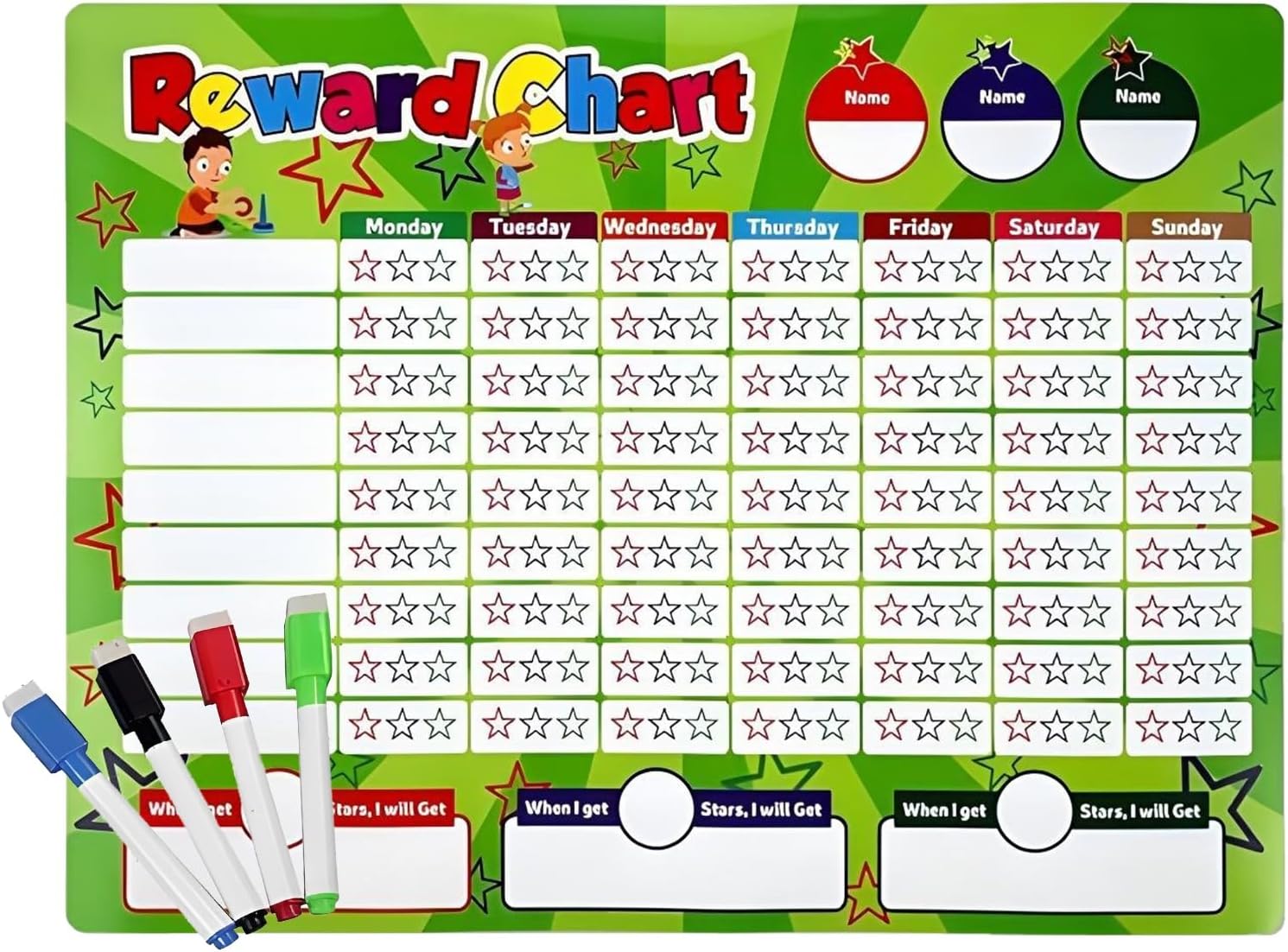 Dry Erase Reusable Sticker Chart with 4 Markers - Behavior, Chore, Incentive, Motivational, Progress Chart for Goal Setting, Achievements
