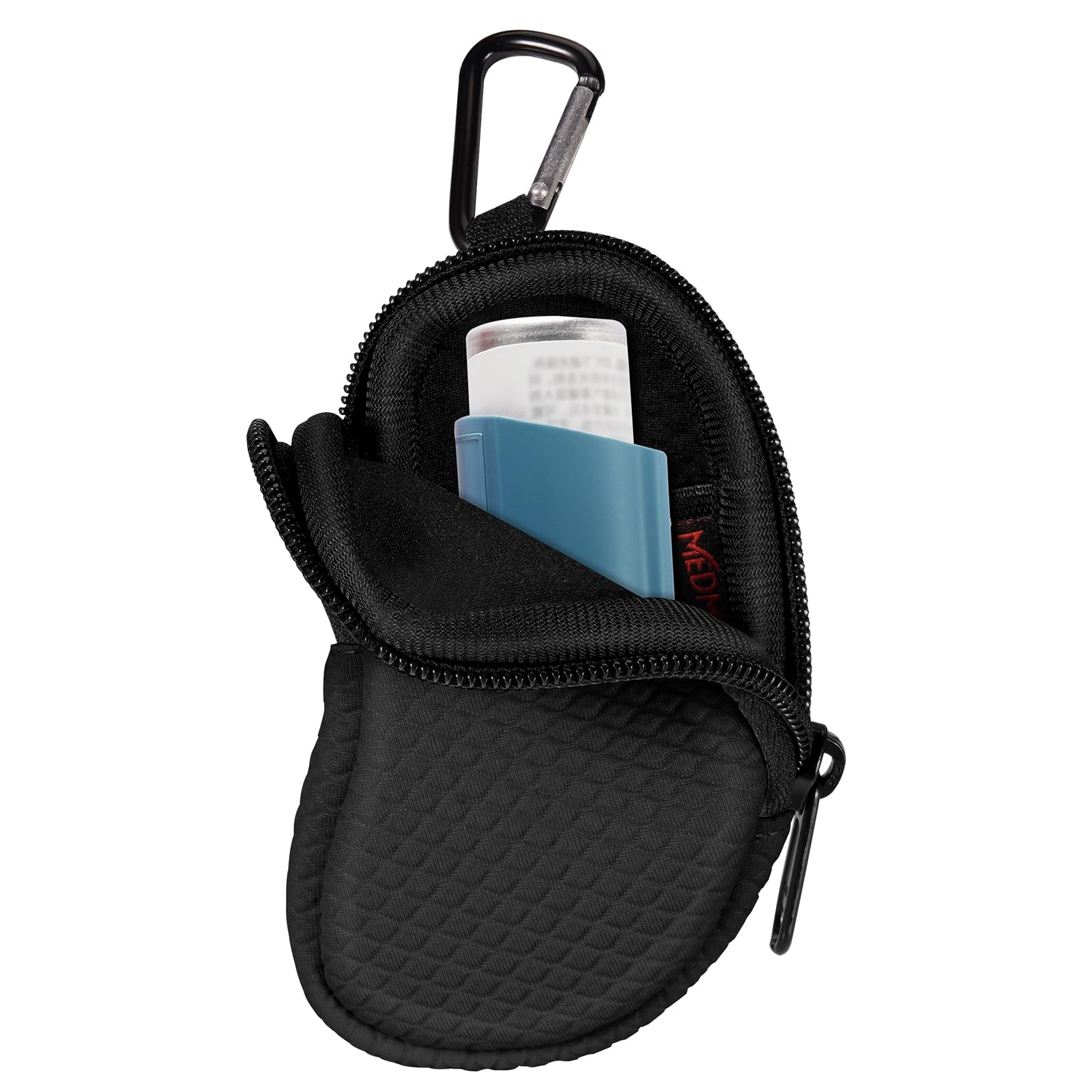 Neoprene Asthma Inhaler Holder, Protective Portable Travel Handy Holster, Lightweight Carrying Case with Carabiner Clip and Mesh Pocket Inside, Inhaler Not Included (Case Only) (Black)