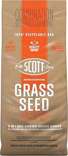 O.M. Scott and Sons - Semilla de hierba bermuda, fertilizante y mejorador de suelo, tolerante a la sequía una vez establecida, cubre hasta 2,000