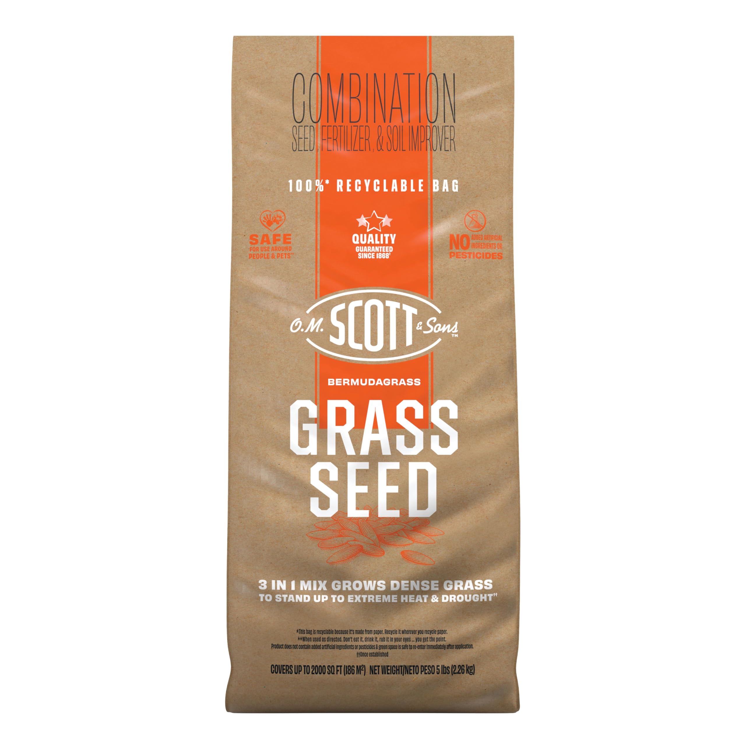 O.M. Scott and Sons Bermudagrass Grass Seed, Fertilizer and Soil Improver, Drought Tolerant Once Established, Covers Up to 2,000 sq. ft., 5 lbs.