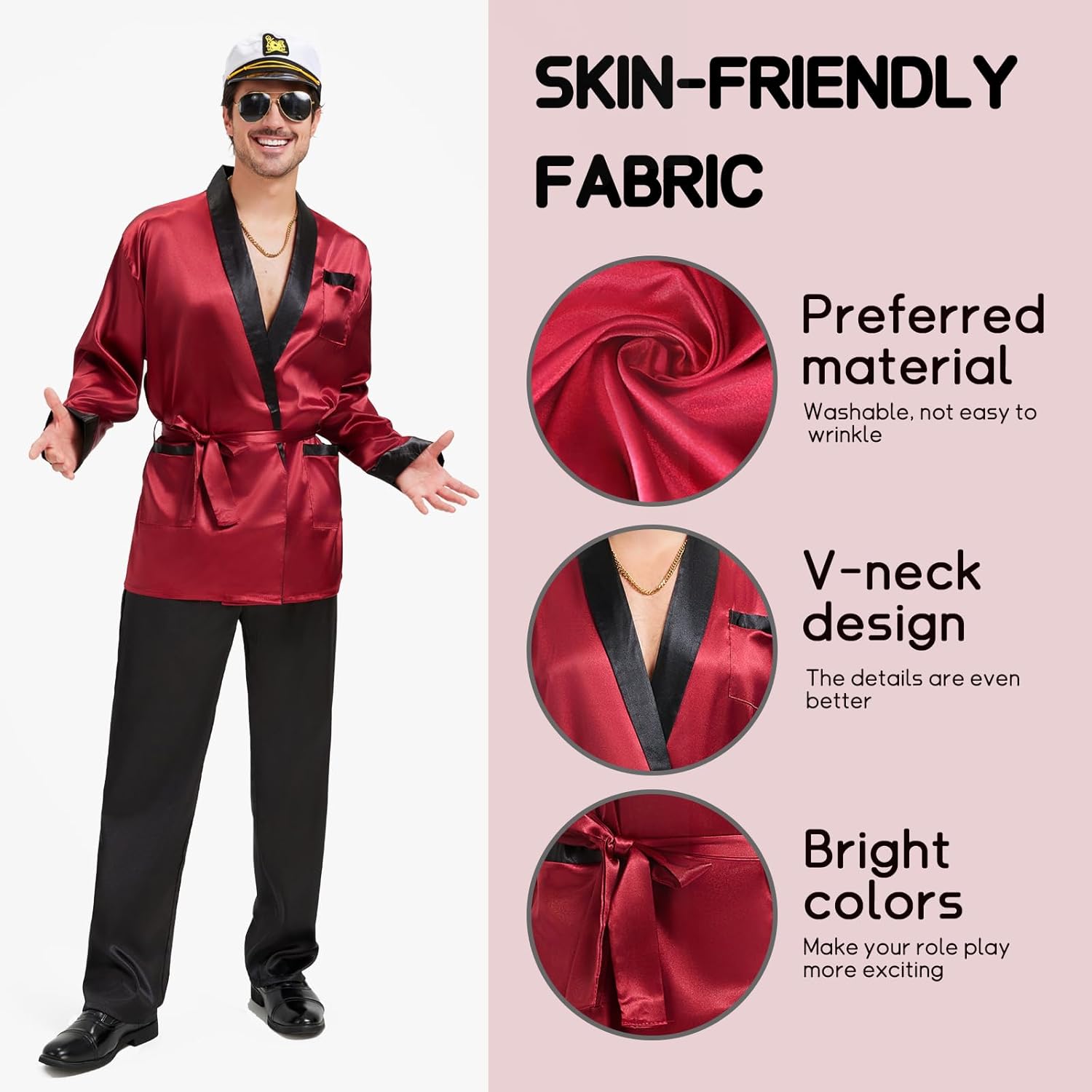 Halloween Red Silky Robe Jacket Costume Set Men's Captain Outfit with Hat Sunglasses Chain Funny Adult Party Cosplay - Image 3