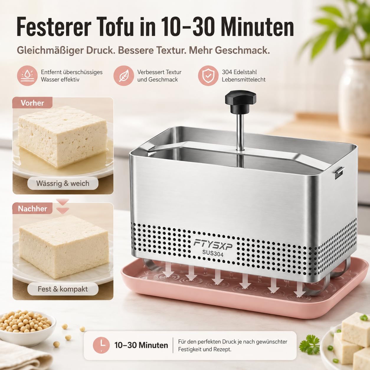 Prensa de tofu ajustable de acero inoxidable 304, con bandeja de goteo y gasa, sin BPA, apto para lavavajillas, prensa de queso para tofu, paner, queso y verduras (16 x 13 x 13 cm) | Acero inoxidable 304