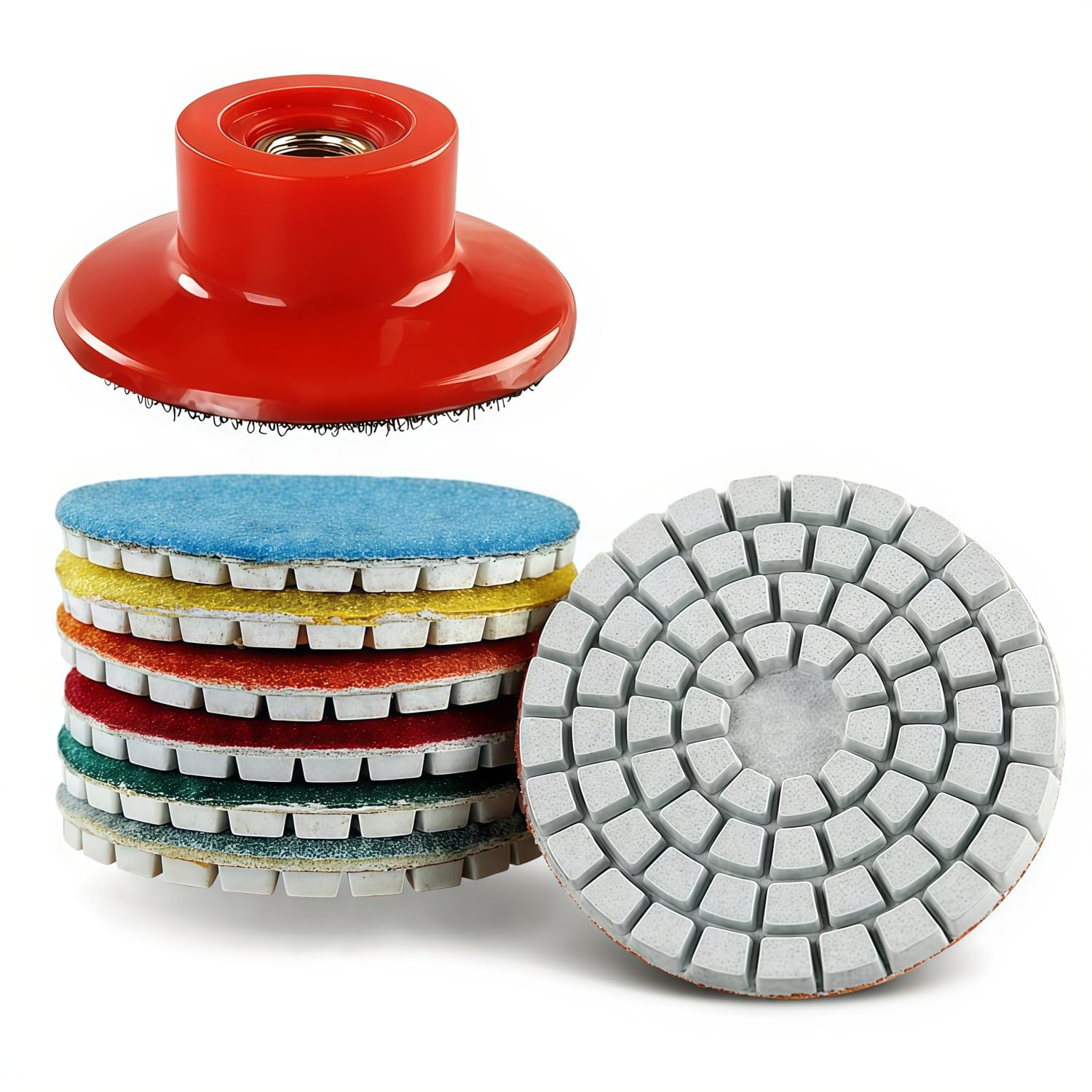 MiJunHD 2inch 50mm Diamond Water Grinding Pad, 7 Different Grit 50#-3000# Wet Sanding Discs & M14 Thread Hook & Loop Backing Holder for Detail Fine Buffing Polishing (8Pcs/Set)
