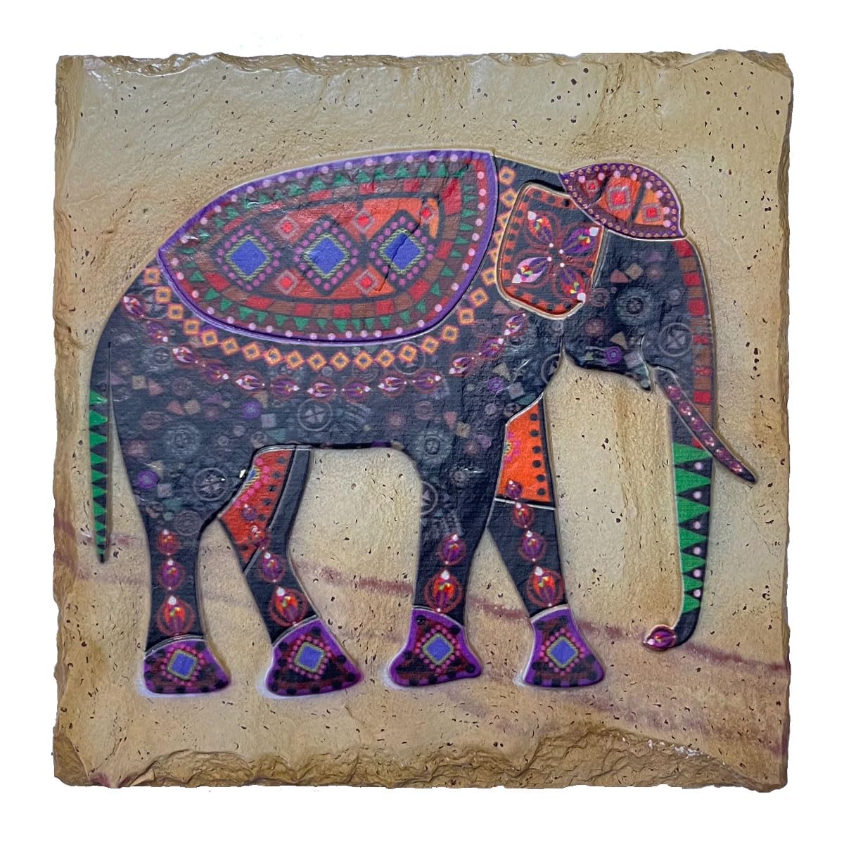 NIKSANG Natural Slate Stone Engraved Chipped Elephant Design Wall Art (25.5 cm x 25.5 cm) Beige,color