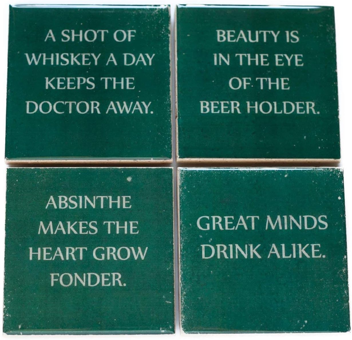 Wise Sayings Coaster Set (4 Stone Coasters) Green and White Drinking Quotes