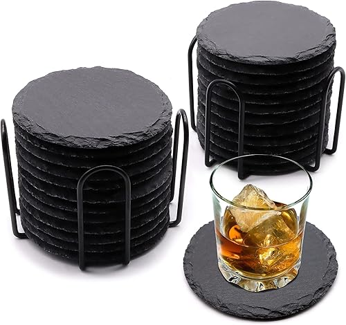 Miniatura 12 de Juego de 24 posavasos cuadrados de pizarra para bebidas, 4 pulgadas, grabado láser, posavasos de piedra de pizarra negra con parte inferior