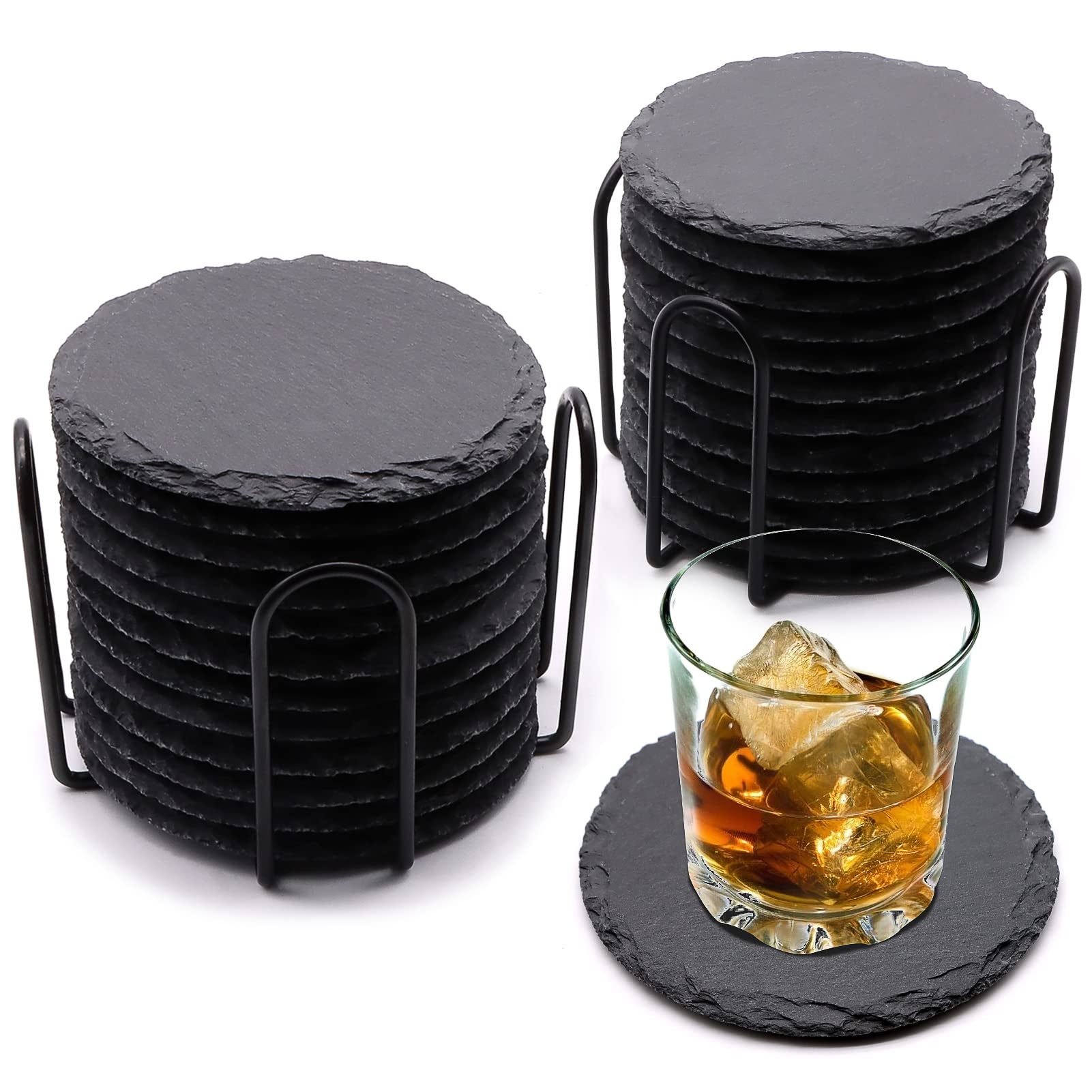 24 PCS Round Slate Drink Coasters Set, SIJDIEE 4 Inch Laser Engraving Black Slate Stone Coasters with Anti-Scratch Bottom and Coaster Holder for