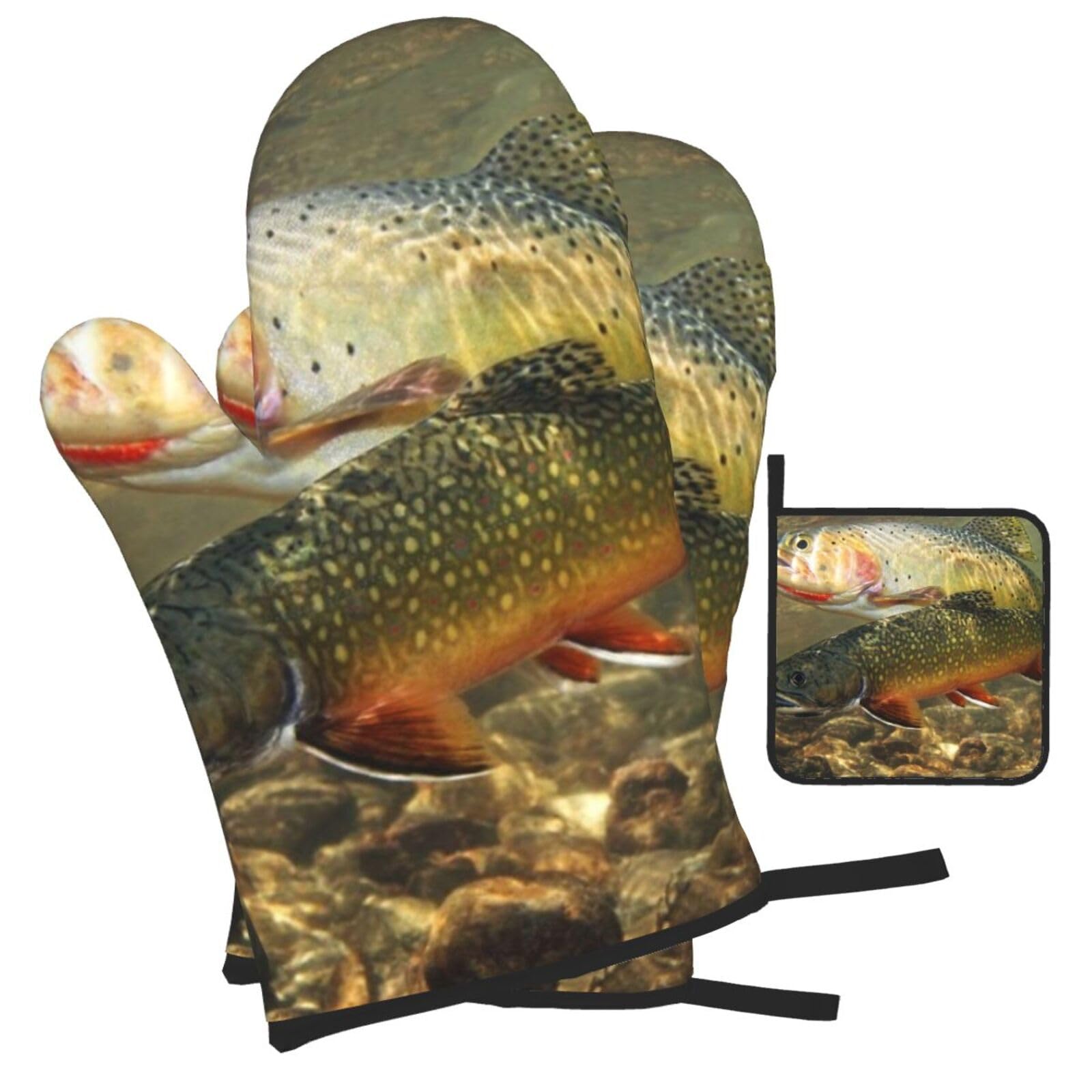 Brook Trout Fly Fishing Printed Oven Mitts and Pot Holders Heat Resistant Set of 3 Pcs, Modern Kitchen Gloves & Potholders for Cooking Baking Grilling