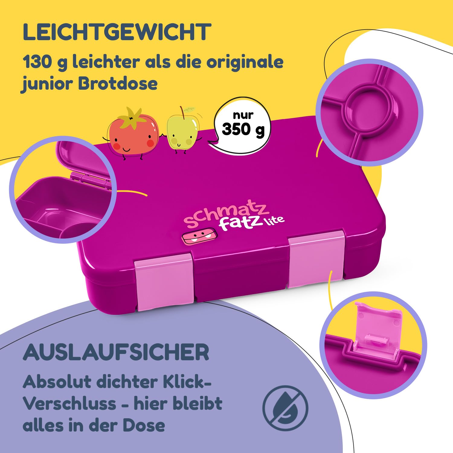 schmatzfatz BPA-Freie Lunchbox Kinder, Bento Box Kinder, Brotbox für Mädchen & Jungen, Snackbox, Perfekt für Schule, Kindergarten & Ausflüge (Lila)