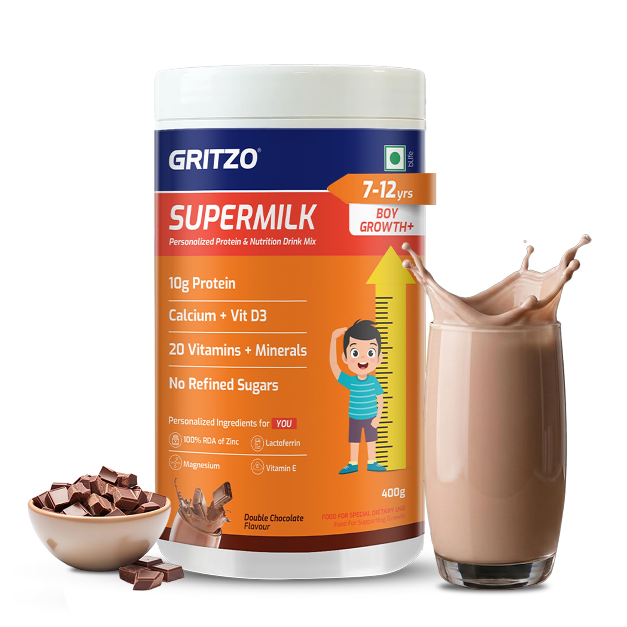 Gritzo SuperMilk Height+ (7-12y Boys), 10g Protein Powder (Double Chocolate, 400g) | Zero Refined Sugar, 21 Vitamins & Minerals-picture-26