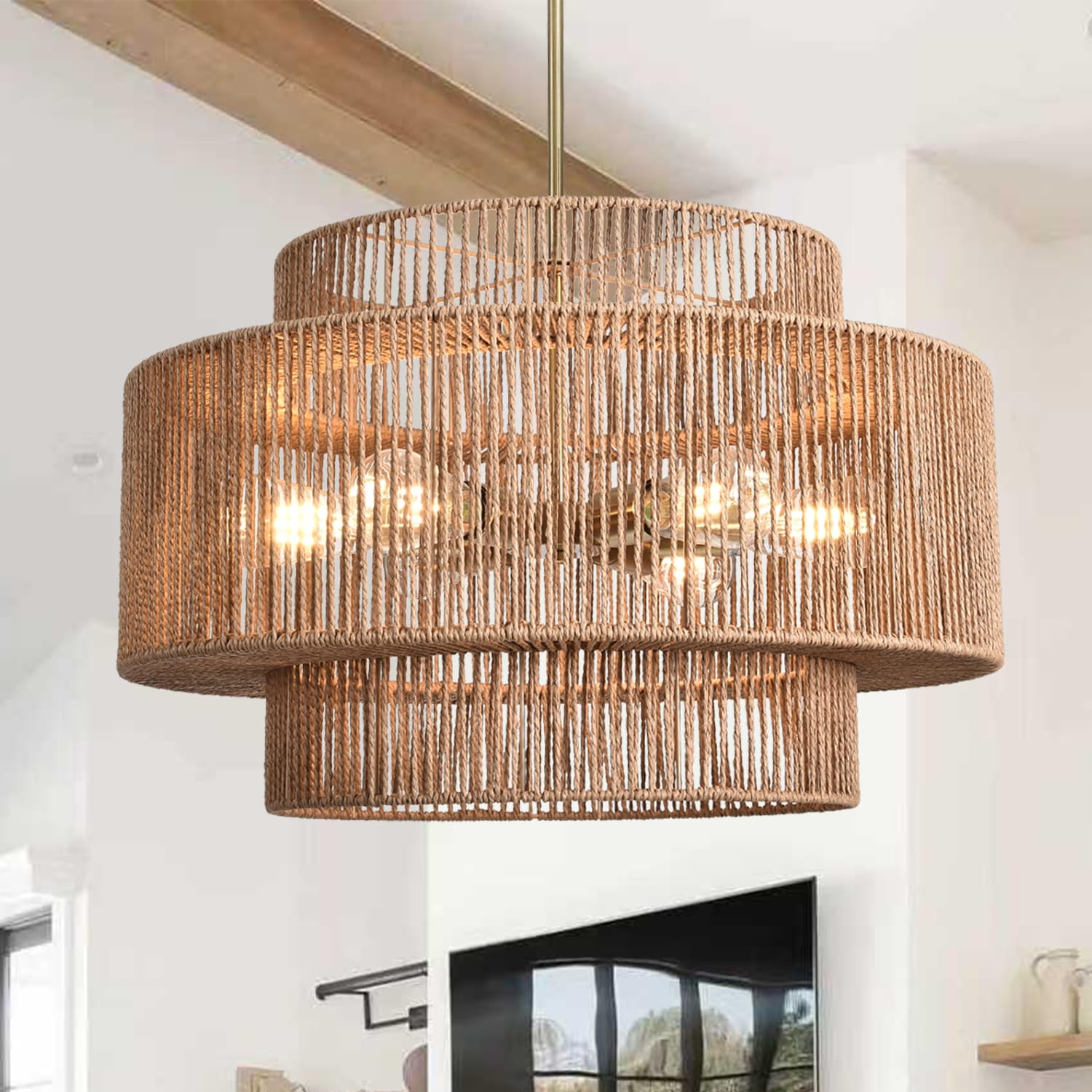 6-Lights Large Rattan Chandelier Boho Light Fixture 3-Tier
