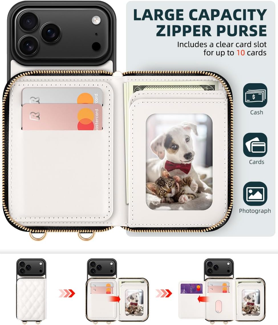 OCASE Compatible with iPhone 17 Pro Max Crossbody Wallet Case with Card Holder, PU Leather Zipper Handbag Phone Purse with RFID Blocking Kickstand Wrist Strap Lanyard 6.9 Inch, Diamond Check White