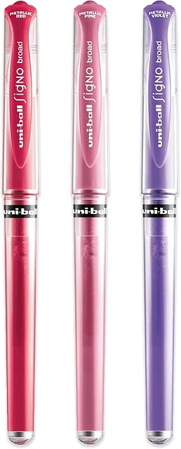 uni-ball Signo Pen Broad Metallic Gel Ink Rollerball - Metal 1mm Tip Nib 0.65mm Line Width With Rubber Grip - UM-153 - (Pack Of 3) - Red, Pink and Violet