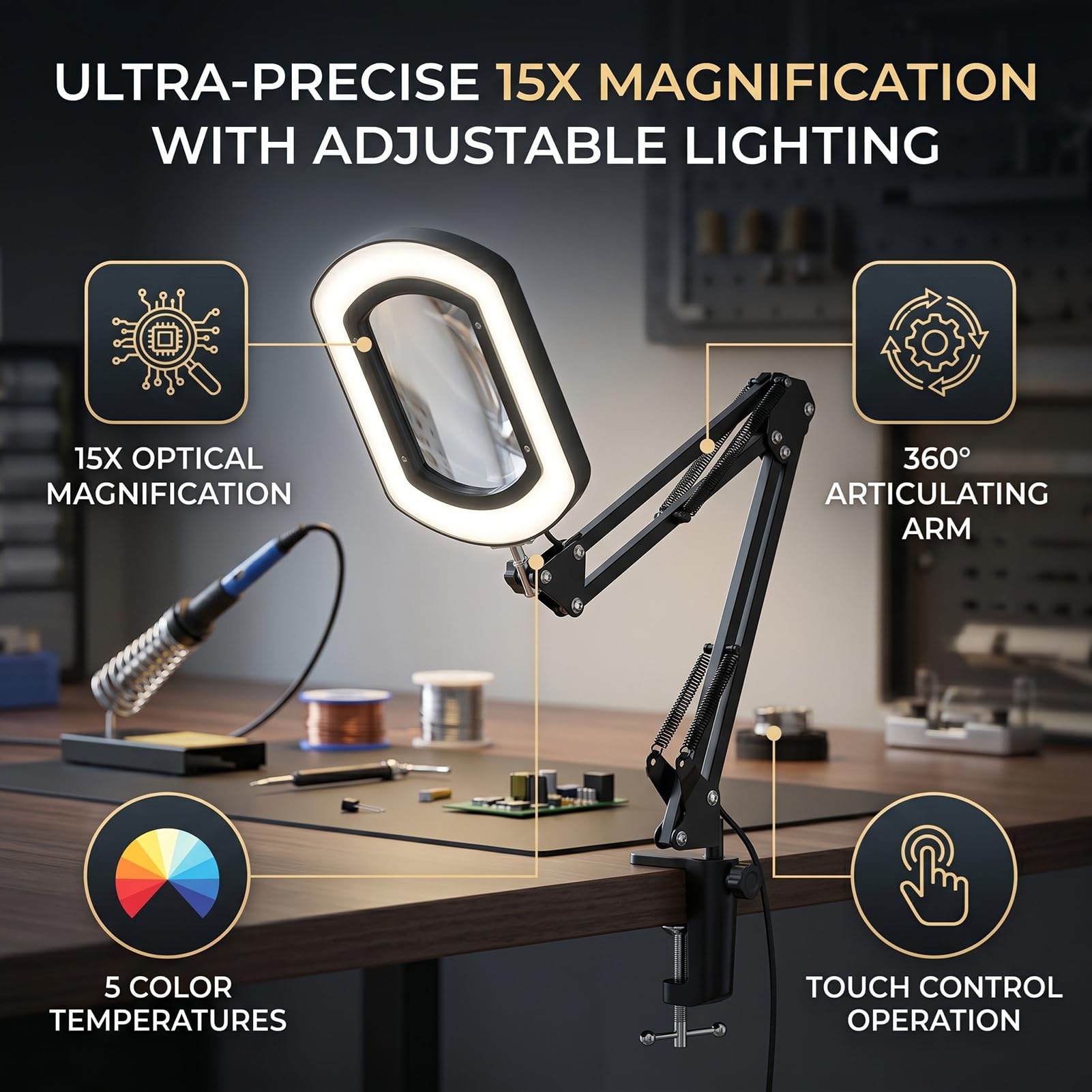 Lupa Cuadrada de 15 Aumentos con Luz, 5 Temperaturas de Color, Brazo Giratorio 360, Luz de Aumento Alimentada por USB para Lectura, Manualidades, Pasatiempos, Reparación
