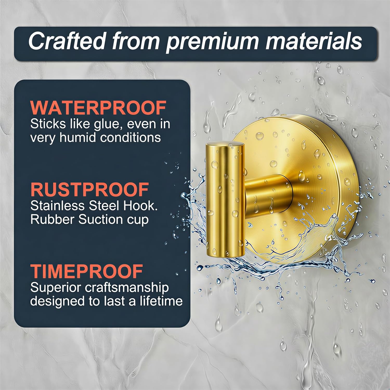 Suction Cup Hooks, 11lb Suction No-Drill Removable & Reusable Shower Hooks, Waterproof Stainless Steel Towel Hooks for Bathroom, Glass, Mirror, Tile, Kitchen, Loofah, Wreaths, Gold(4 Pack)