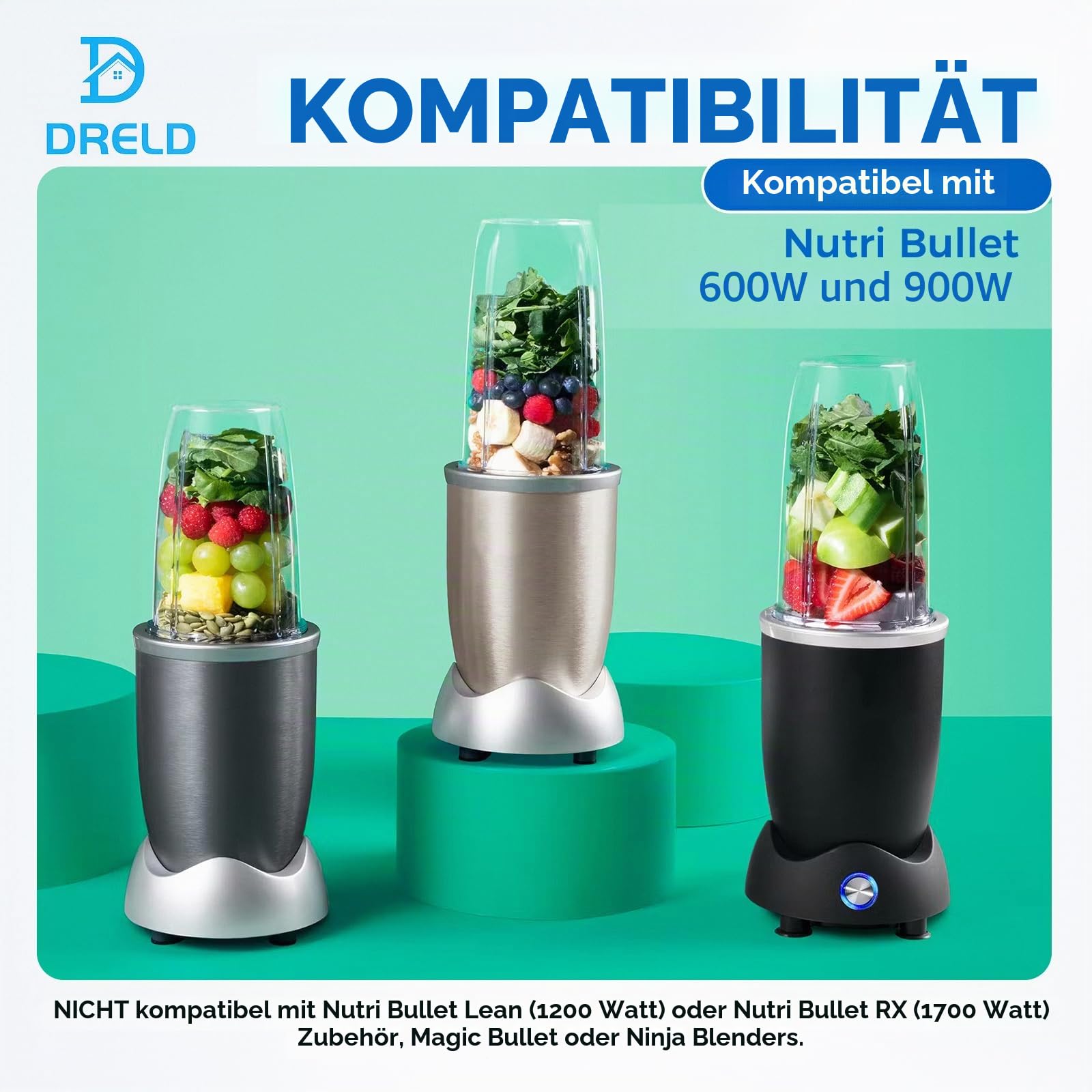 DRELD 7 Stück Mixer Ersatzteile Kompatibel mit NutriBullet Entsafter 600 W/900 W Mixer, mit 2×32oz Becher, 2×Ersatz-Extraktorklinge, 2×Gummidichtungen,1×Bürste, Nutribullet-Zubehör | Kompatibel mit Nutribullet 600 W/900 W Mixer-Modellen