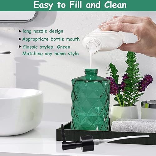 Miniatura 3 de Juego de dispensador de jabón de baño verde con bomba de plástico negro, dispensador de loción de vidrio de 12 onzas, dispensador de jabón de manos