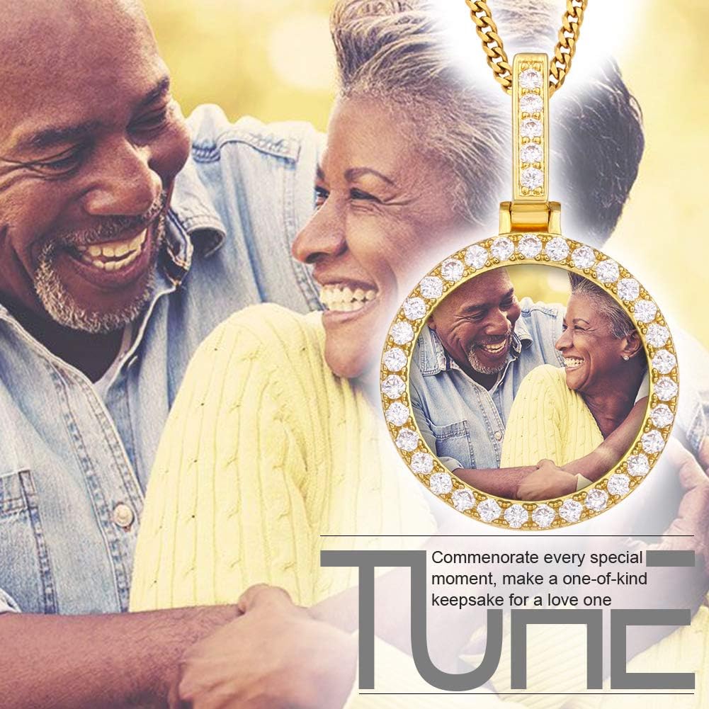 TUHE Personalized Hip Hop Custom Picture & Text Pendant Necklace 18K Gold or Platinum Plated AAA CZ Iced Out Small Round Photo Necklace for Men Women Memory Chain Necklace Customized Rope/Tennis