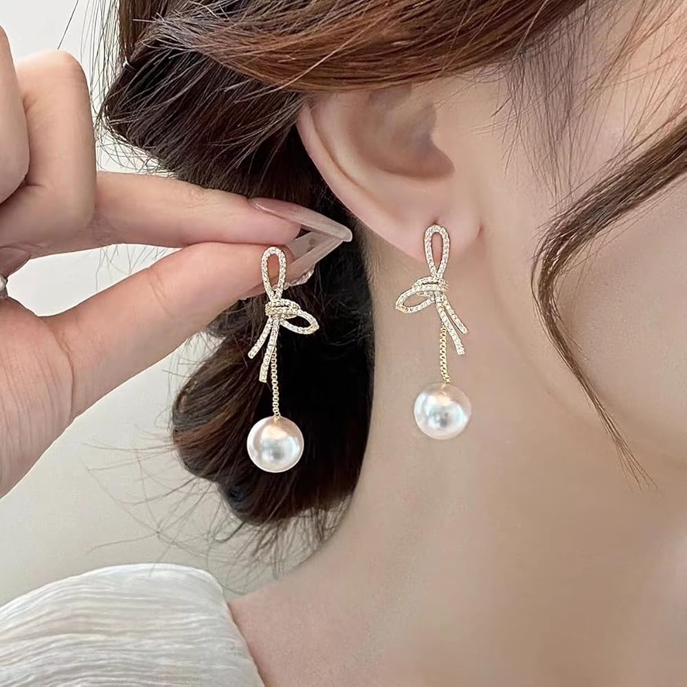 ピアス Crystal Bow Pearl Drop Earring Amazon.com: Bow Pearl Earrings for Women Crystal Bow