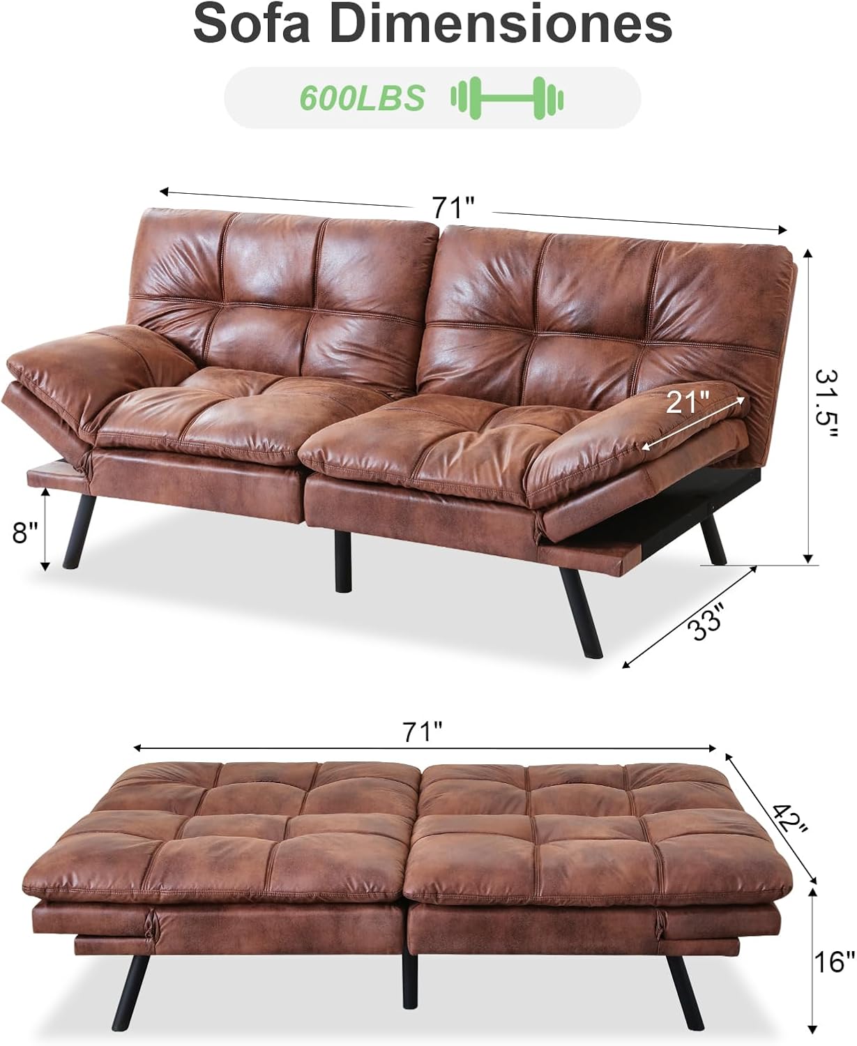 MUUEGM Loveseat Couch Brown Futon Sofa Bed Love seat Memory Foam Small Office Futons Sleeper Sofa with Adjustable Backrest Armrests for Small Space Office Living Room,Apartment