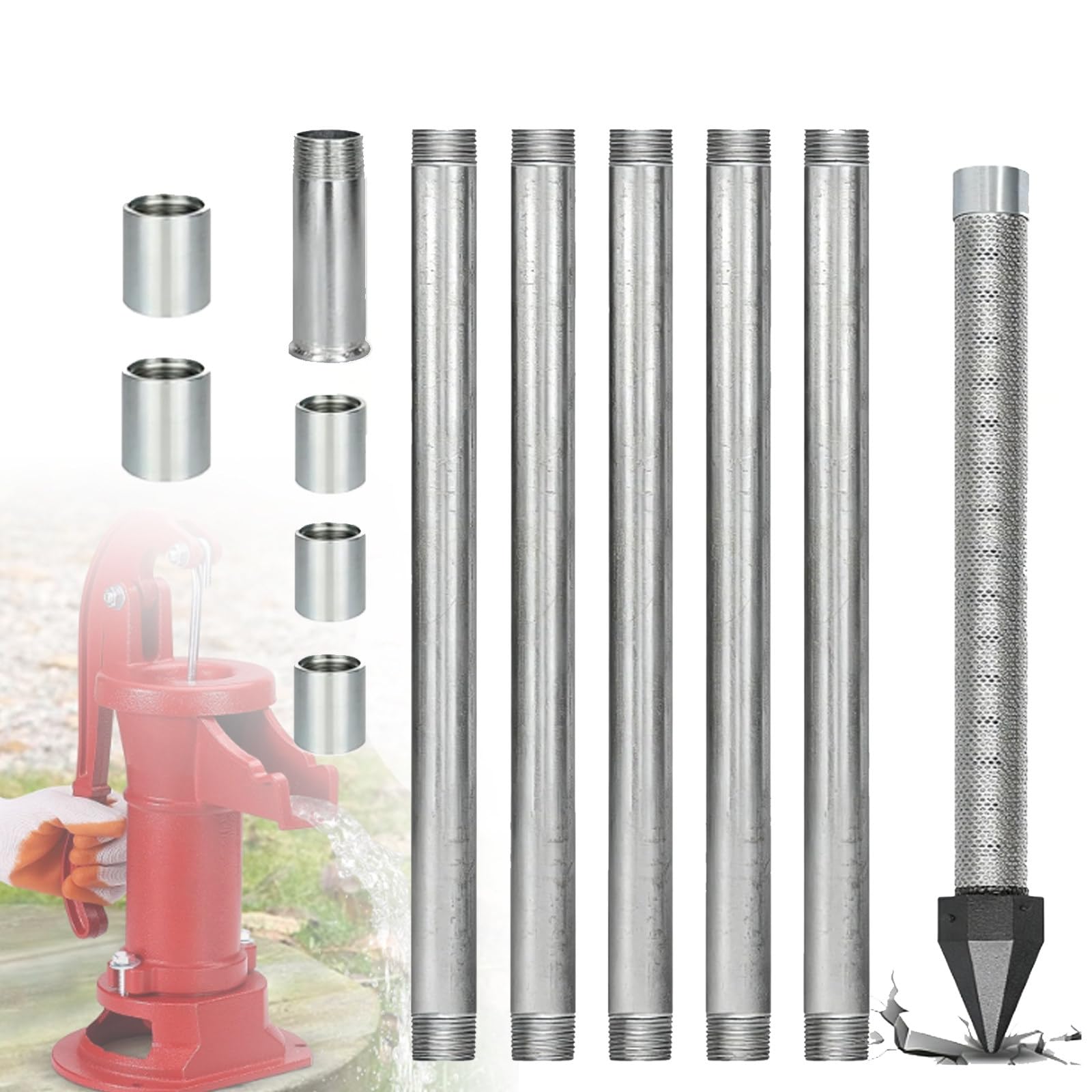 ZyKnaurral Emergency Water Supply: Drive Point Well Kit for Garden, Stainless Steel Filter Screen, 1-1/4" NPT, Manual Drilling Kit for Self-Sufficiency and Watering During Droughts 6M-WithWaterPump