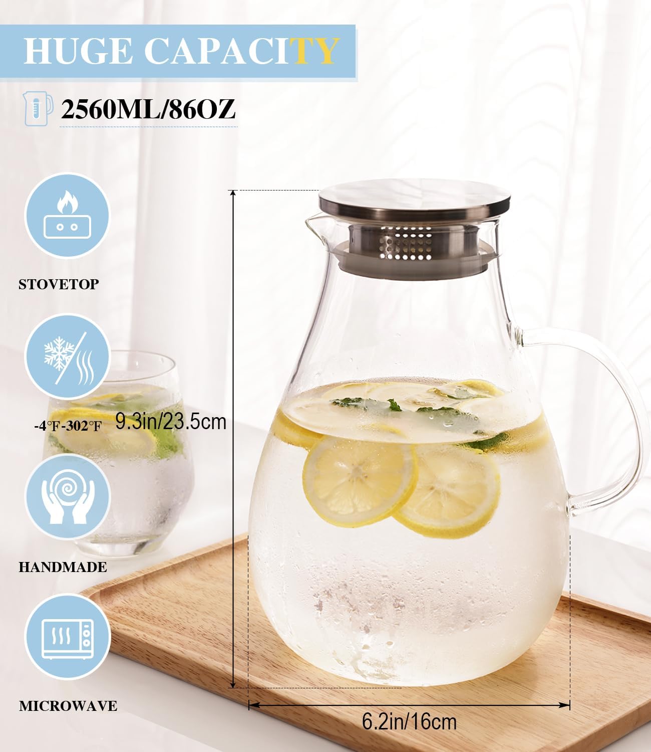 LUNA & MANTHA Glass Pitcher with Lid, 86oz Glass Water Pitcher, Large Hot Cold Water Jug, Borosilicate Drink Jug for Iced Tea, Sangria and Coffee Beverage Carafe with 2 Silicone Rings - Image 2