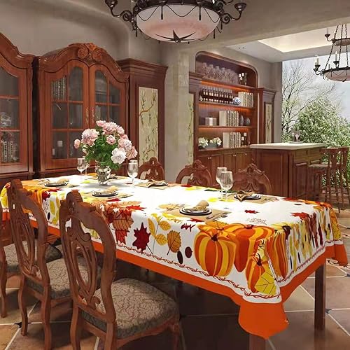 Miniatura 6 de pinkblume Mantel de tela con estampado de hojas de otoño, calabaza, pavo, girasol, para otoño, cosecha, Acción de Gracias, 52 x 108 pulgadas,