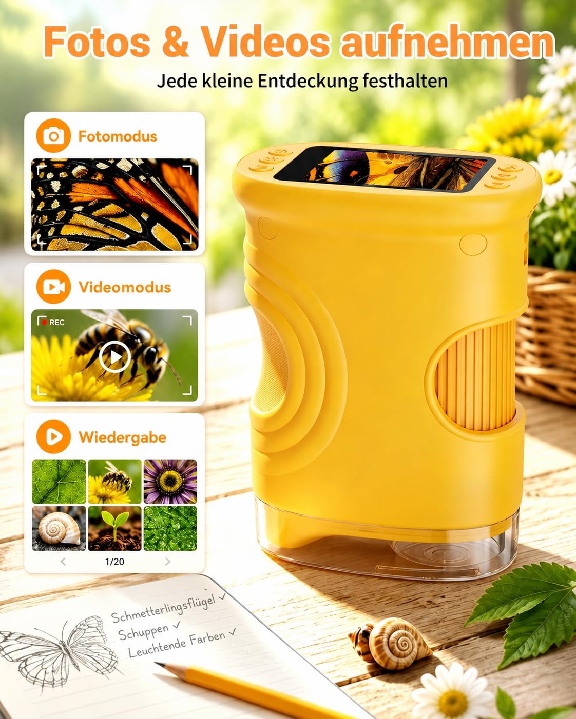 Mikroskop für Kinder, 1080P HD 2.0" Bildschirm Taschenmikroskop, Ashfly Handy Digital Microscope LED Lights -Anschluss an PC, Mini-Mikroskop draussen Geschenke für 4-12 Jährige Orange