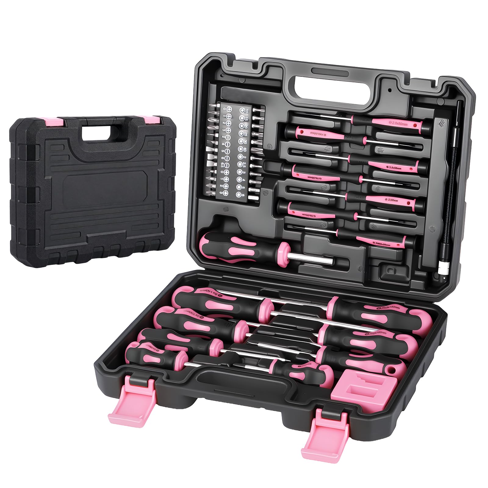 GREENSAPPIRE 43pcs Magnetic Screwdrivers Set with Case – Heavy Duty Chrome Vanadium Steel, Magnetic Tips, Ergonomic Handles, Standard Screwdrivers for Mechanics, Electronics, Automotive (Pink)