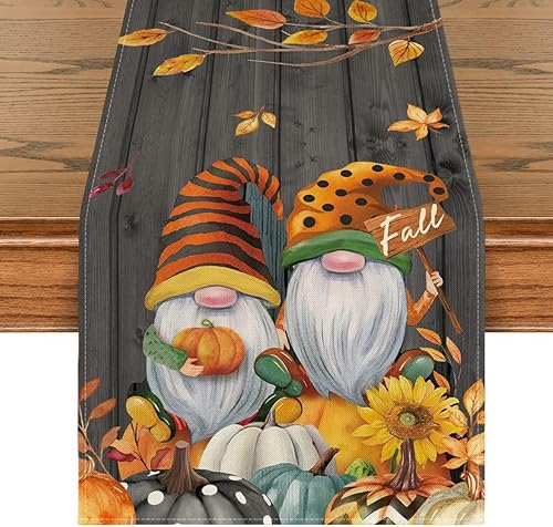 Fall Table Runner Home Kitchen Dining Gnome Pumpkins Sunflowers Maple
