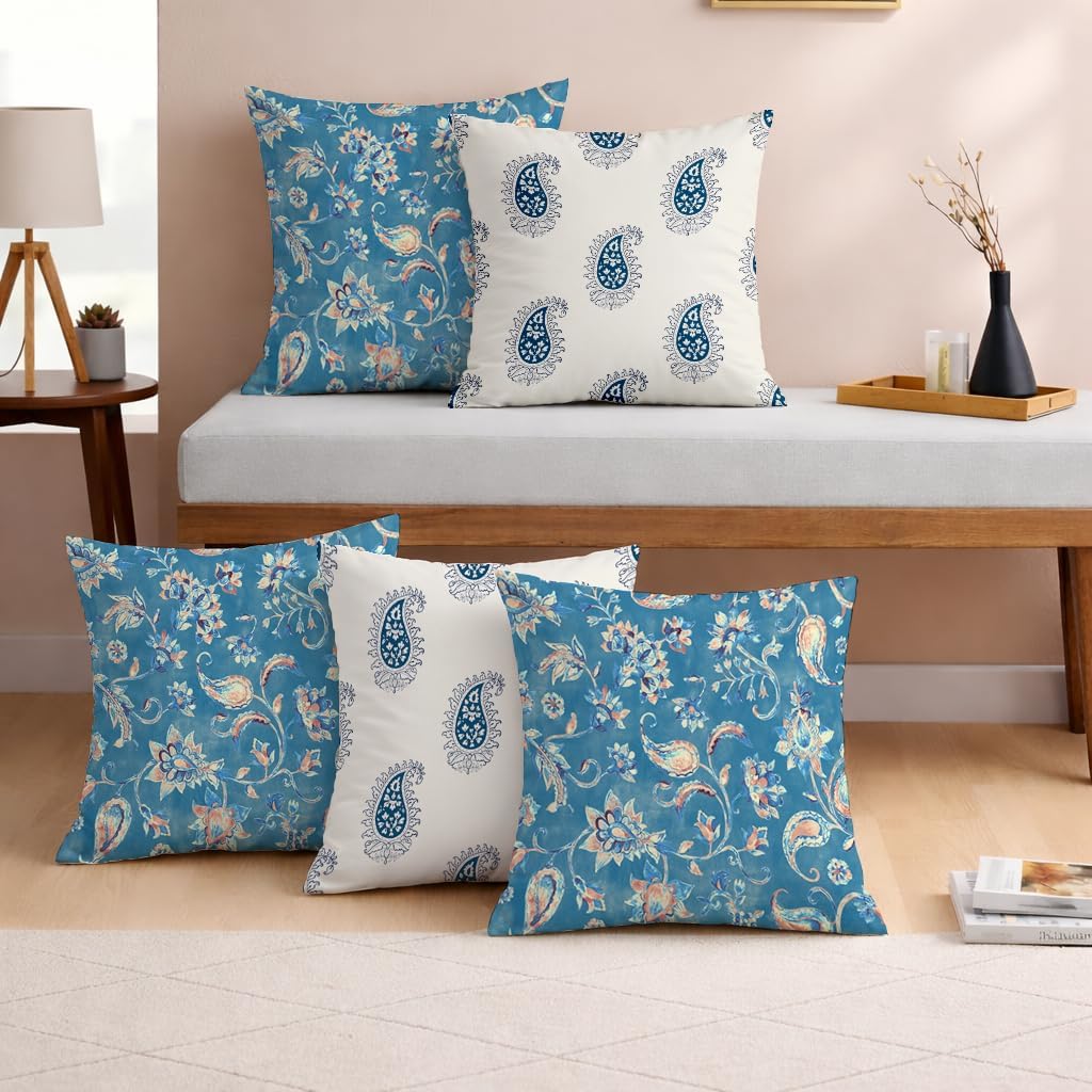 STITCHNEST Set of 5 Polycotton Cushion Covers โ 16x16 Inches โ Blue & White Paisley Floral Prints โ Elegant Traditional Cushion Covers for Sofa & Living Room | Perfect for Home Decor