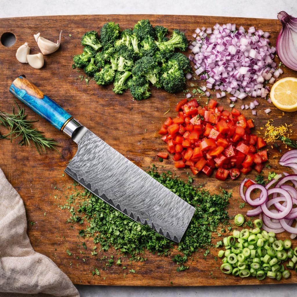 7” Nakiri Knife – 67 Layer Damascus Steel Kitchen Knife, 9Cr18MoV Core Japanese Chef Knife for Vegetables, Razor Sharp Chopping Knife with Blue Burl Wood Ergonomic Handle