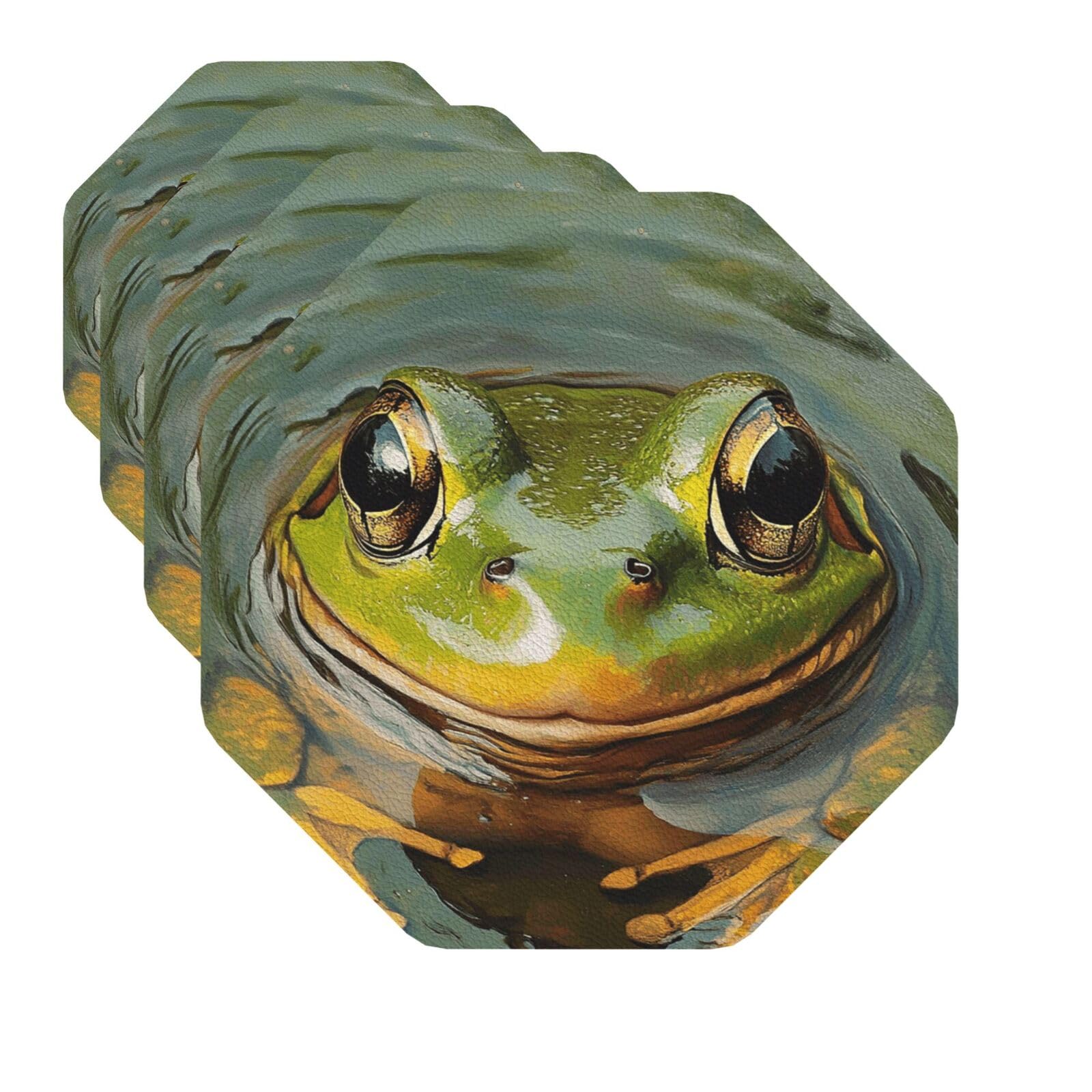 Drink Coasters Set of 4 Quick-Dry Leather Coaster Frog in a pond Coasters for Drinks Coffee Cup Mat Tabletop Protection Heat Resistant Coaster for Kitchen Bar Office Home Decor