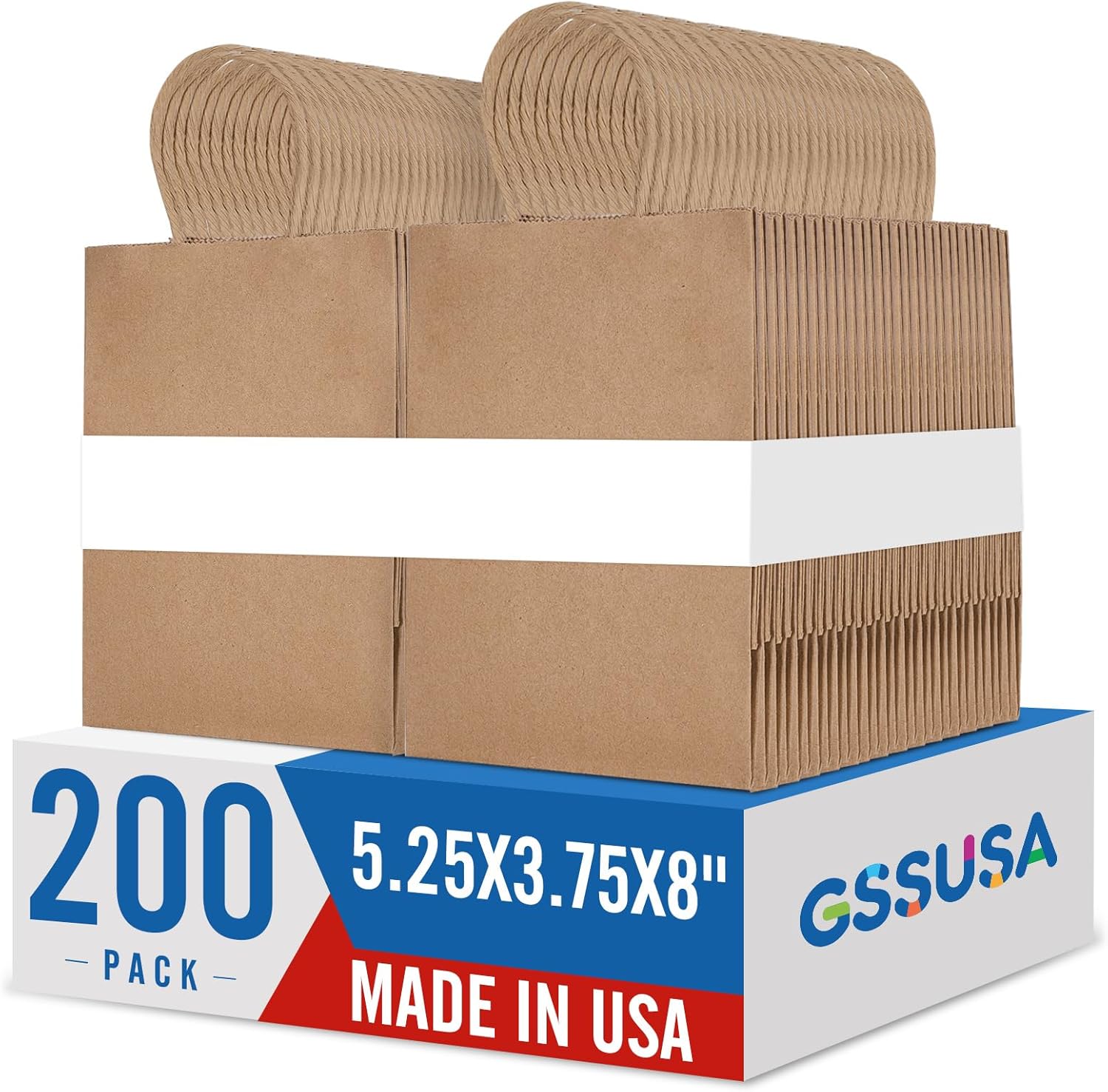GSSUSA 200 Pack Brown Paper Bags 5.25x3.75x8 Inch Small Gift Bags with Handles Bulk, Brown Kraft Bag for Small Business, Sturdy Grocery Retail Shopping Birthday Party Favor Craft Bag