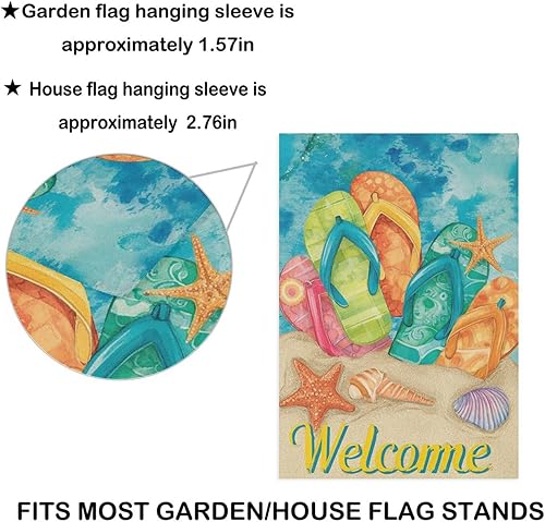 Miniatura 2 de Bandera para casa con diseño de sandalias, 28 x 40 pulgadas, doble cara, diseño tropical de estrella de mar, conchas y arena, letrero de bienvenida