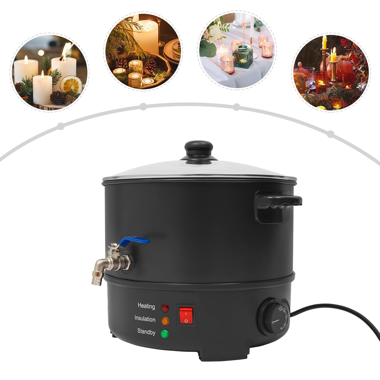 Quenoxo Cera elettrica da 8 l, potenza 1000 W, temperatura regolabile da 50 °C a 100 °C, con rubinetto di scarico e coperchio in vetro, per candele fai da te, saponi e arte in cera