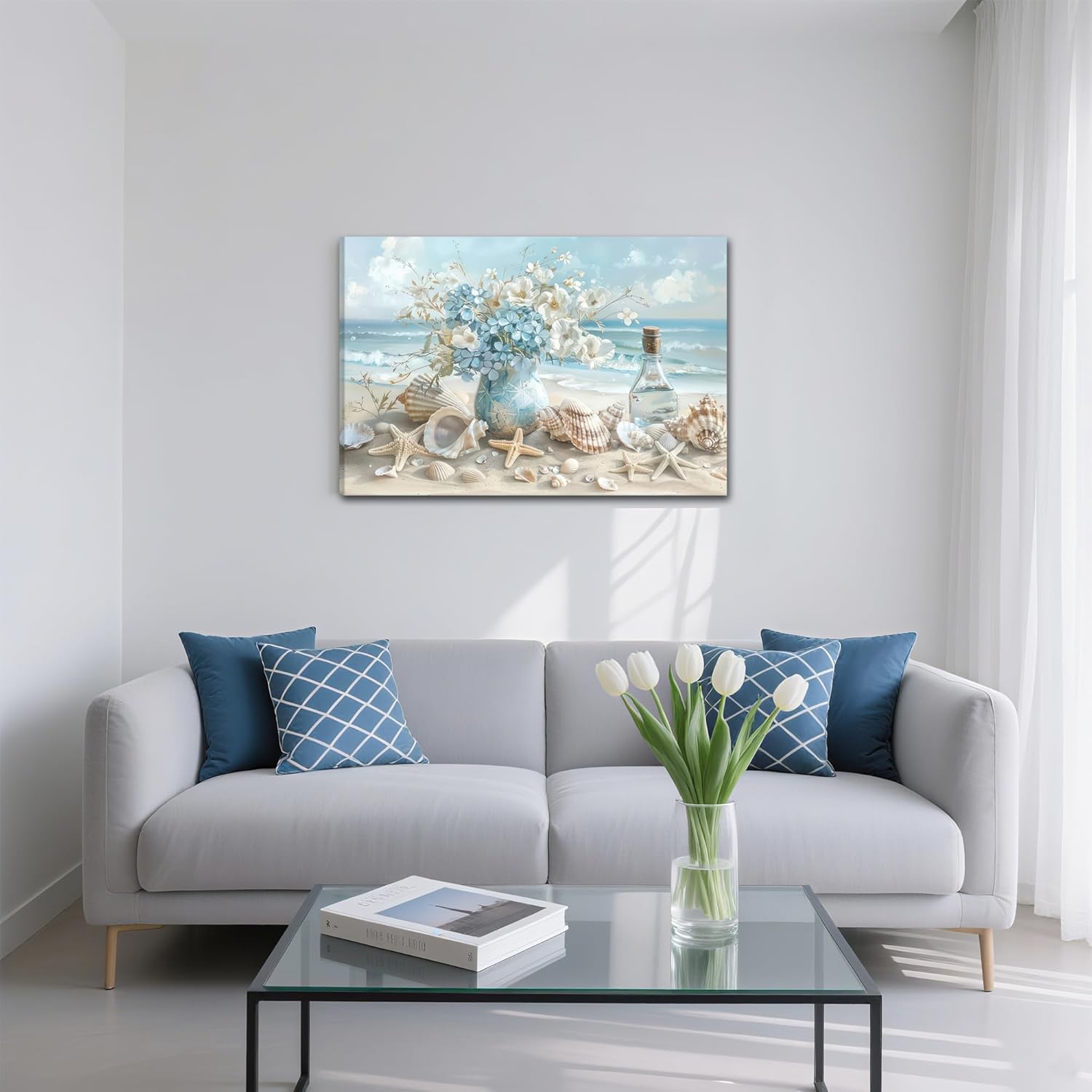 Blue Ocean Beach Conch Canvas Wall Art Starfish with White Flower in Vintage Vase Ocean Coast Picture Poster Prints Painting Artwork Wall Decor for Bathroom Living Room Bedroom Office 24''L x 16''W