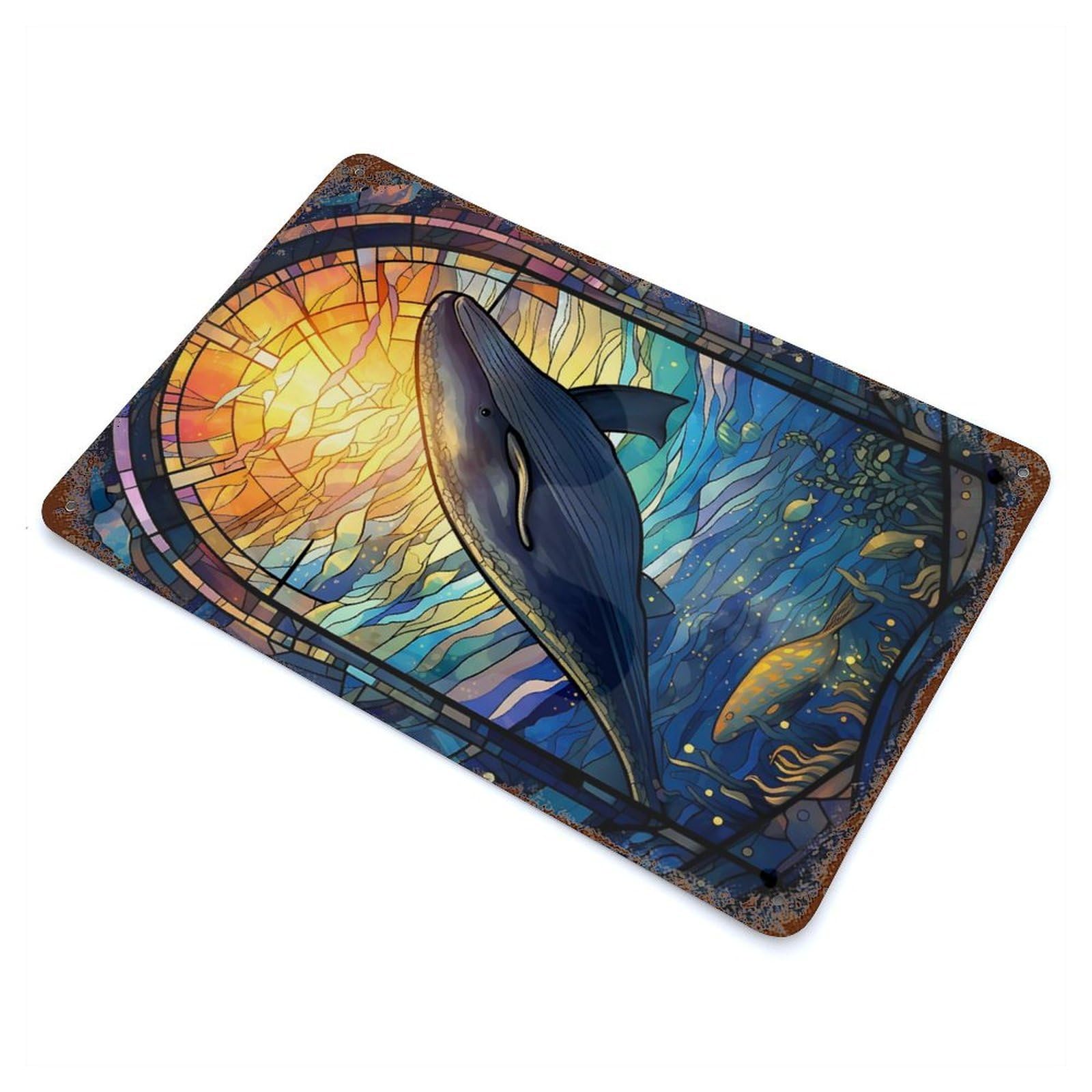 Rustic Tin Plaque Sperm Whale Stained Glass 11.8"x7.9", Rustic Home Decor for Office, Studio And Wall Decor
