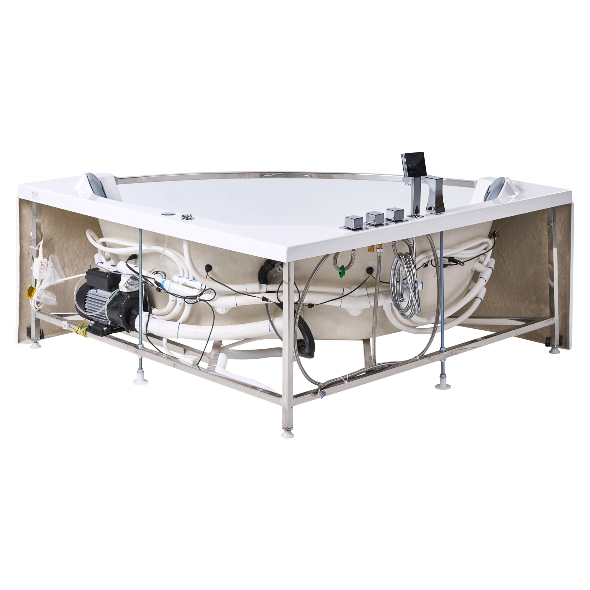 Wanna narożna z hydromasażem oświetlenie LED SPA akrylowa stalowa armatura 210 x 148 cm zagłówki biała Tamula